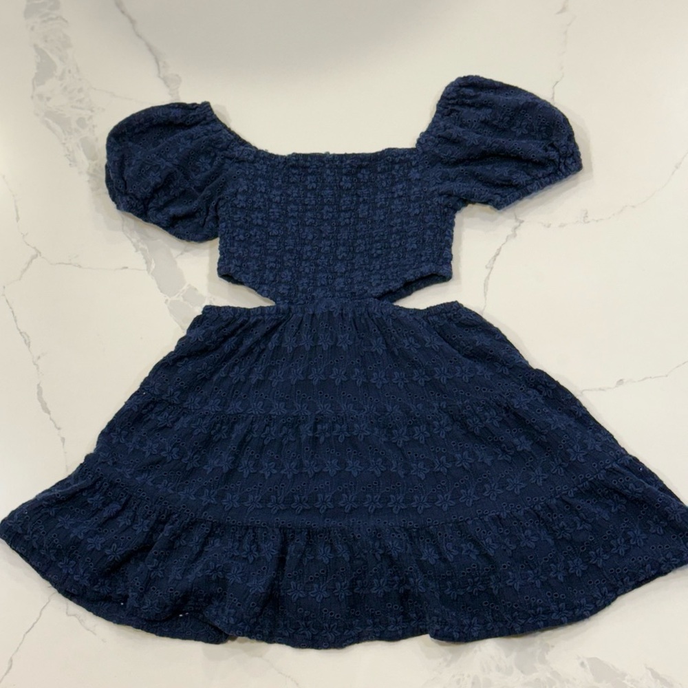 Katie J NYC Navy Eyelet Cutout Puff Sleeve Dress